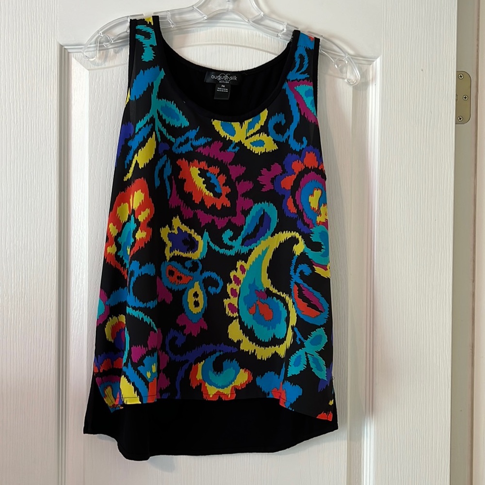 August Silk Petite Top  Multicolored Front with Black Back  Size MP